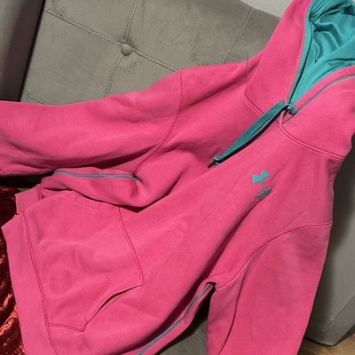 Under Armour Women's Pink Teal Pullover Hoodie M Fleece Kangaroo Pocket