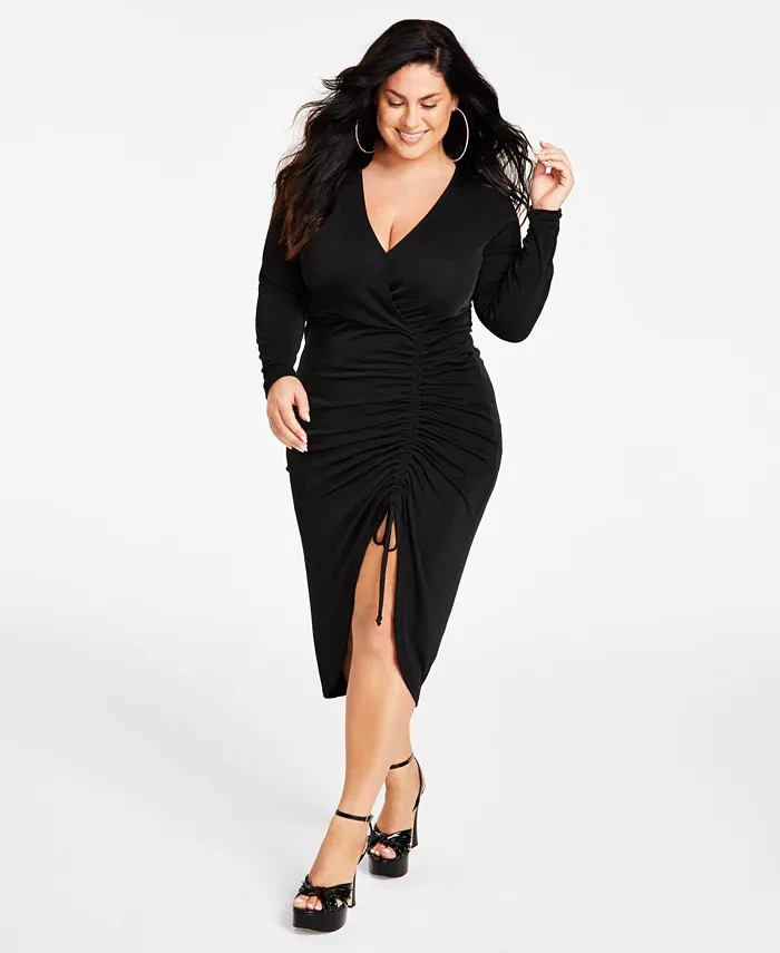 3x black dress Nina Parker Trendy Plus Size Ruched Slinky Womens V-Neck Pullover size:2 (XS) ruched detail colour:coti-dress-gradient-cheetah-brown-w-lace 2026 Wedding Dress A-line