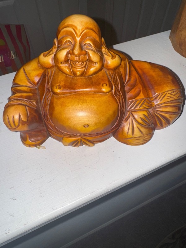 Hand carved Happy Buddha smiling statue sculpture Handmade with Japenese carving