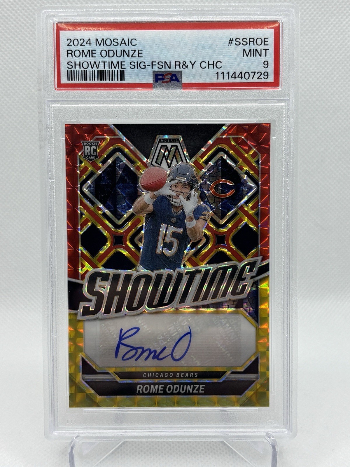 2024 Mosaic Showtime Signatures Rome Odunze Choice Red & Yellow Prizm Auto PSA 9