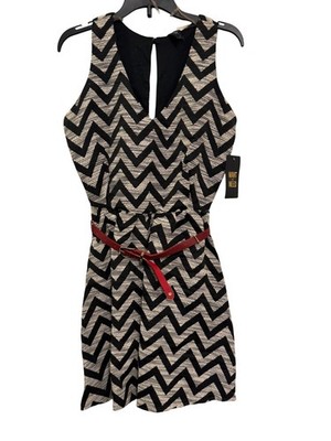Want And Need Chevron Sleeveless Dress Women XS Black/White With Red Belt