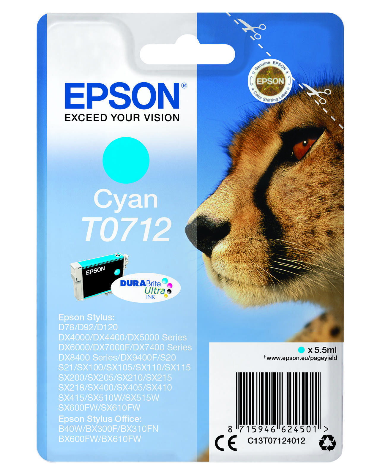 Epson Original T0712 Gepard Druckerpatrone - голубой C13T07124012 4490₽