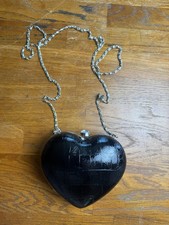 Style Black Heart Clutch Chain Purse Croc Embossed Kiss Lock Evening Bag  