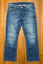 True Religion Jeans Mens 34x31 Blue Denim Straight Flap Pockets Fade Whisker