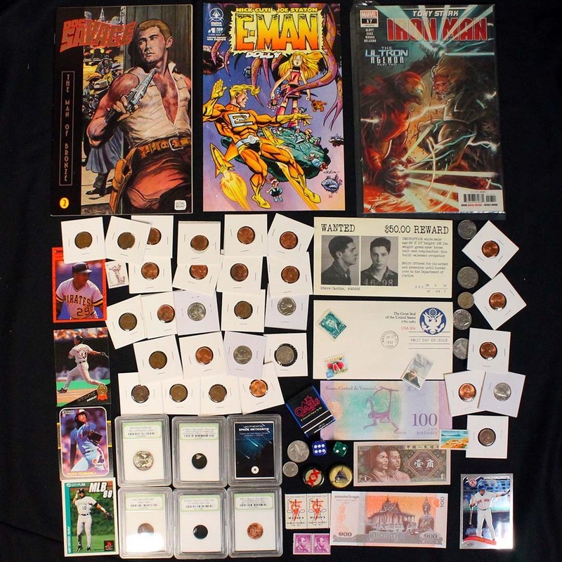 Collection Doc Savage, E-Man & Iron Man Comic Coins Cards Stamps Meteorite 2118