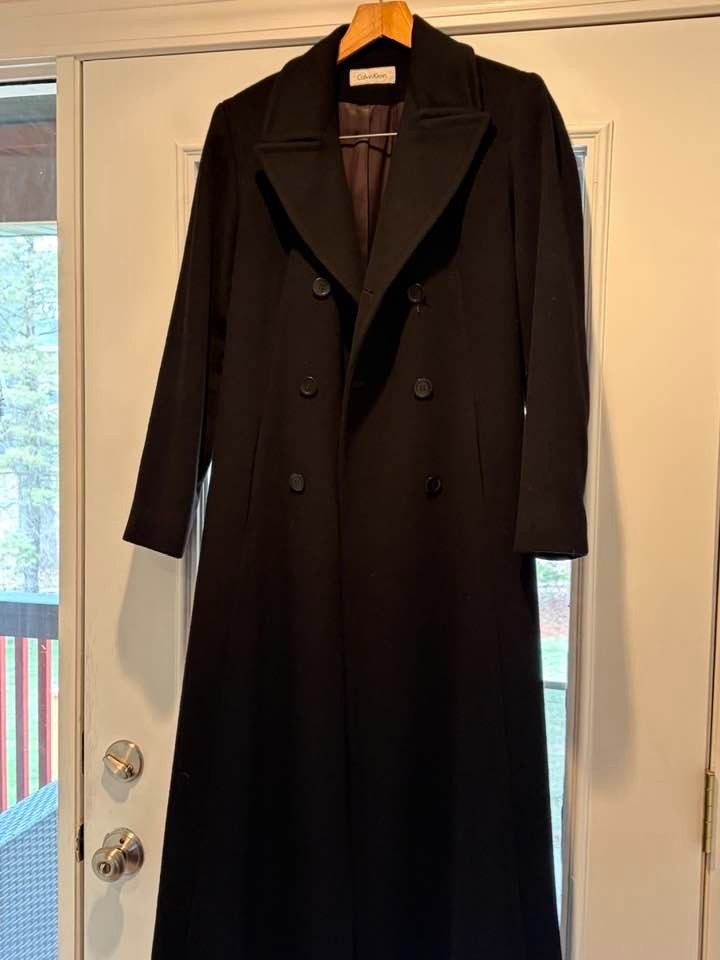 Vintage Calvin Klein Black 100% Merino Wool Long Double Breasted Coat, Size 8