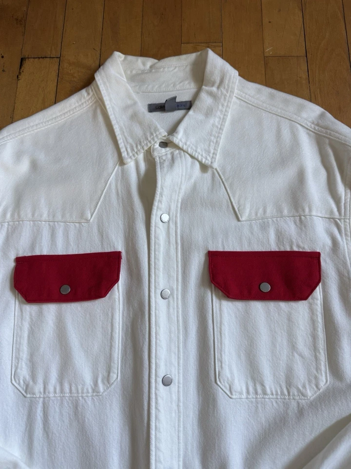 VTG FW 2018 Calvin Klein Raf Simons Western Shirt White Denim Red Snap Button XL - Image 2 of 4