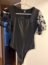 SHEIN Women's Black Bodysuit Sheer Semi-Transparent Floral Ruffle Sz S