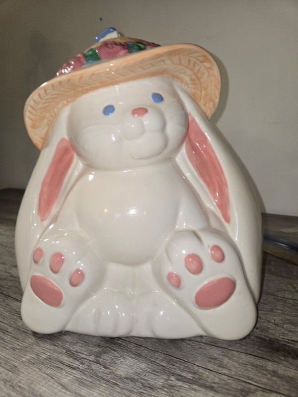 Vtg Easter Bunny Cookie Jar Ceramic Rabbit Floral Hat Spring Easter Cottagecore