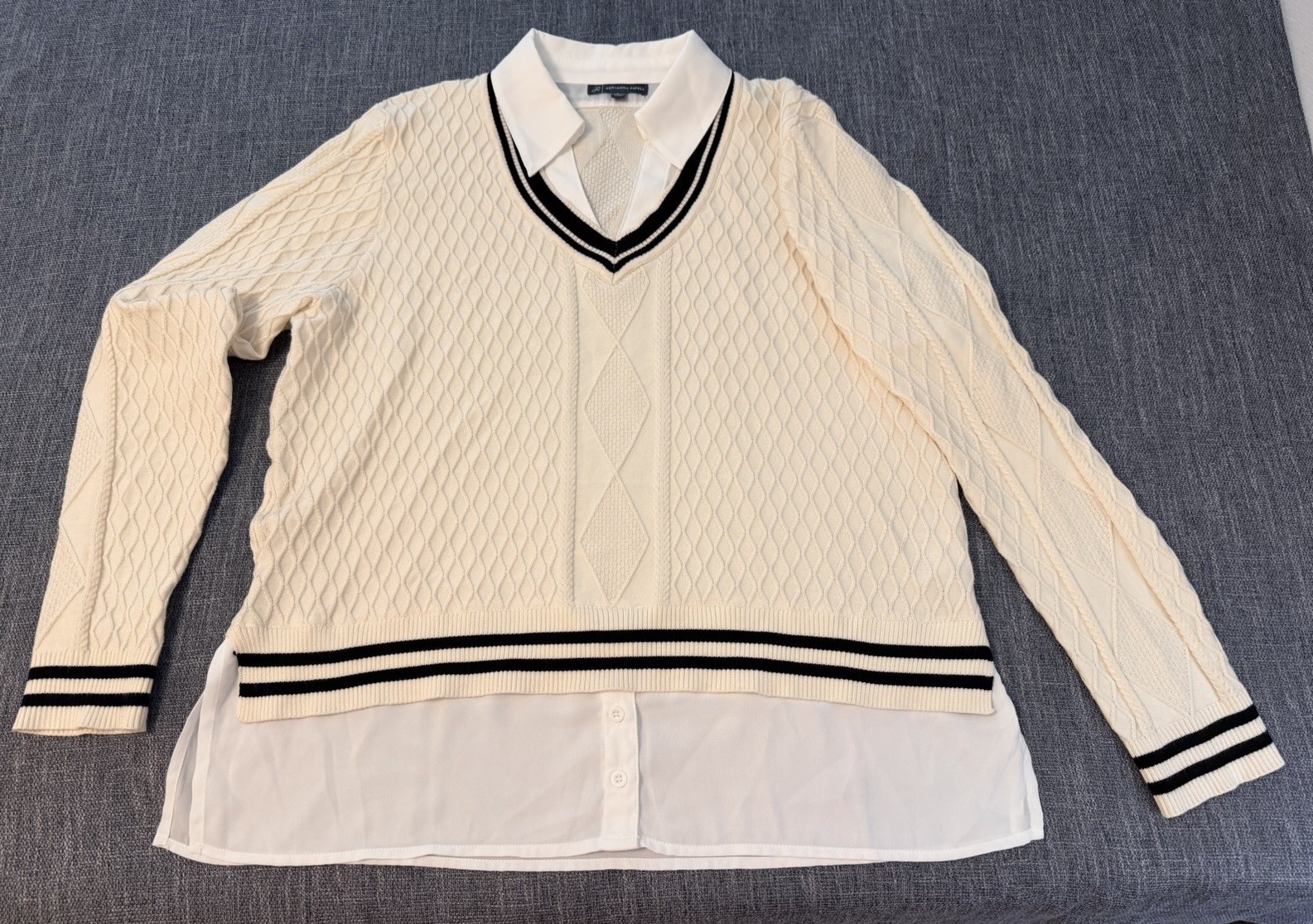 Adrianna Papell Nautical Preppy Sweater Sz Large Ivory Blue Cricket Y2K V Neck