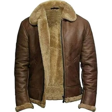 Men's Brown RAF Aviator Shearling B3 Bomber Flight Real Sheepskin Leather jacket