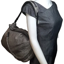 JIMMY CHOO Blake Leather Hobo Bag Biker Metallic Silver & Chain