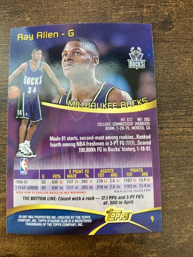 Ray Allen 1997-98 Topps Stadium Club #9 HOF Milwaukee Bucks Heat - Picture 2 of 4