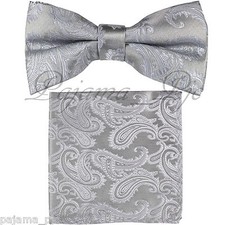 Silver Paisley Pre-tied Bow tie and Pocket Square Hanky Set Formal Party Wedding