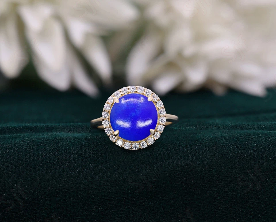 Anel de noivado redondo azul lápis-lazúli 925 prata 14K folheado a ouro rosa halo - Imagem 2 de 4