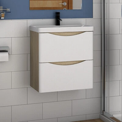 Wall Hung Bathroom Vanity Unit Sink Basin 500 600 800 with 2 Drawers White+Oak