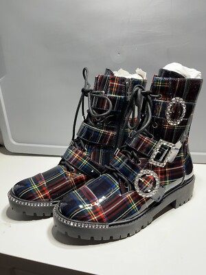 Jessica Simpson Kerina Blue Combo Academy Plaid Combat Boots Size 1/2 M 