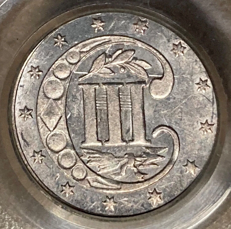 1860 PCGS AU58 Three Cent Silver 3cs - OGH - Rotated Reverse Dies - Mint Error - Image 4 of 4