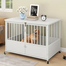 43" Dog Crate Furniture  Heavy Duty Dog Cage Table with Wheels & Double-Doors