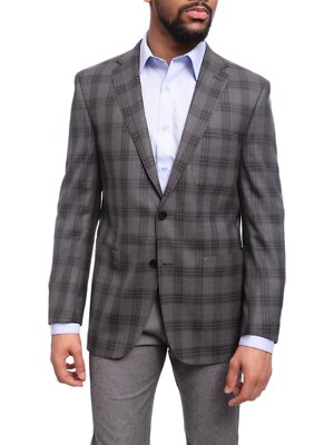Mens Napoli Slim Fit Charcoal Gray Plaid Half Canvassed Cotton Blazer  Sportcoat
