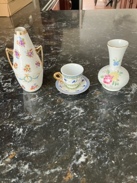 Vintage Decorative 2" Tea Cup, 2 Small Vases 5" and 3.5" in Height 