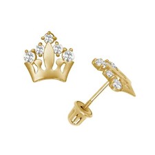 Solid 14K Gold Royal Crown Screw Back CZ Stud Earrings w/ Sparkling Stones Gift