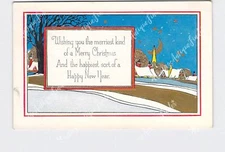 PPC Postcard Merry Christmas Happy New Year Snow Covered Town Moon Stars