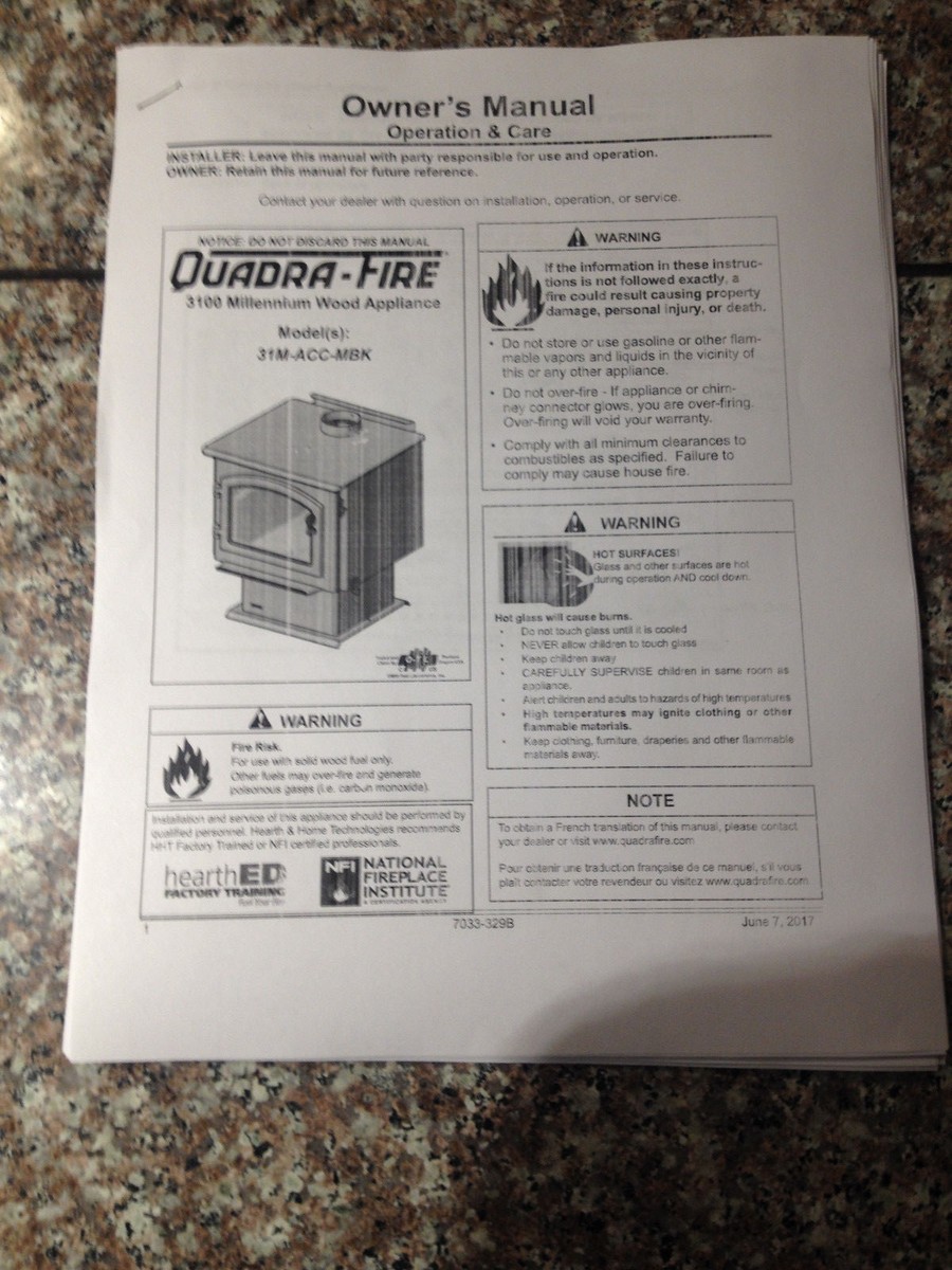 Quadra fire 3100 wood stove manual installion and operating | eBay