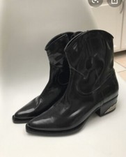 Zara Black Leather Western Ankle Boots With Metal Heels EU41 UK8 US10 # 554