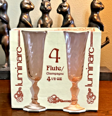 ROSALINE Pink Swirl Optic Glasses 4 Flutes Luminarc France New Old Stock in Box