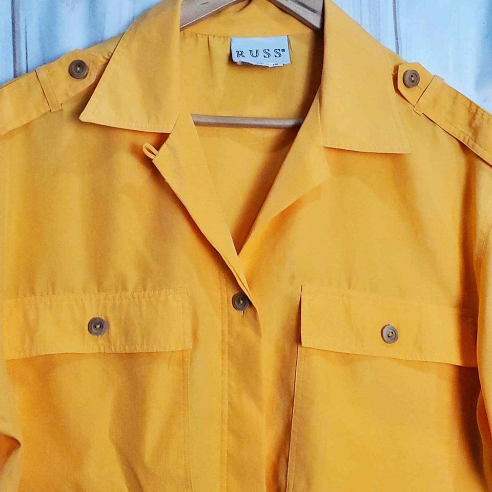 Blusa Safari Vintage Años 80 Russ Amarillo Brillante Botones Manga Corta Talla 12 Foto 2 de 4