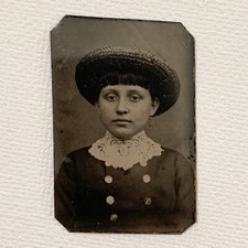 Antique Gem Tintype Photograph Lovely Teen Girl Big Hat Bangs Dollhouse Size