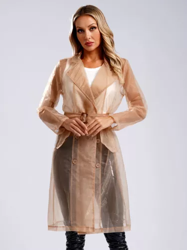Womens Coat See Through Trench Notch Lapel Jackets Ladies Outerwear Cropped- - Picture 57 of 60