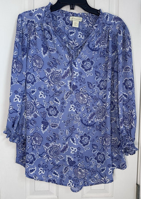 Cynthia Rowley Womens Blue Floral Ruffle Tie Neck 3/4 Sleeve Boho Peasant Top 1X