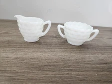 Vintage Hazel Atlas Cubist Milk Glass Sugar Bowl & Creamer 