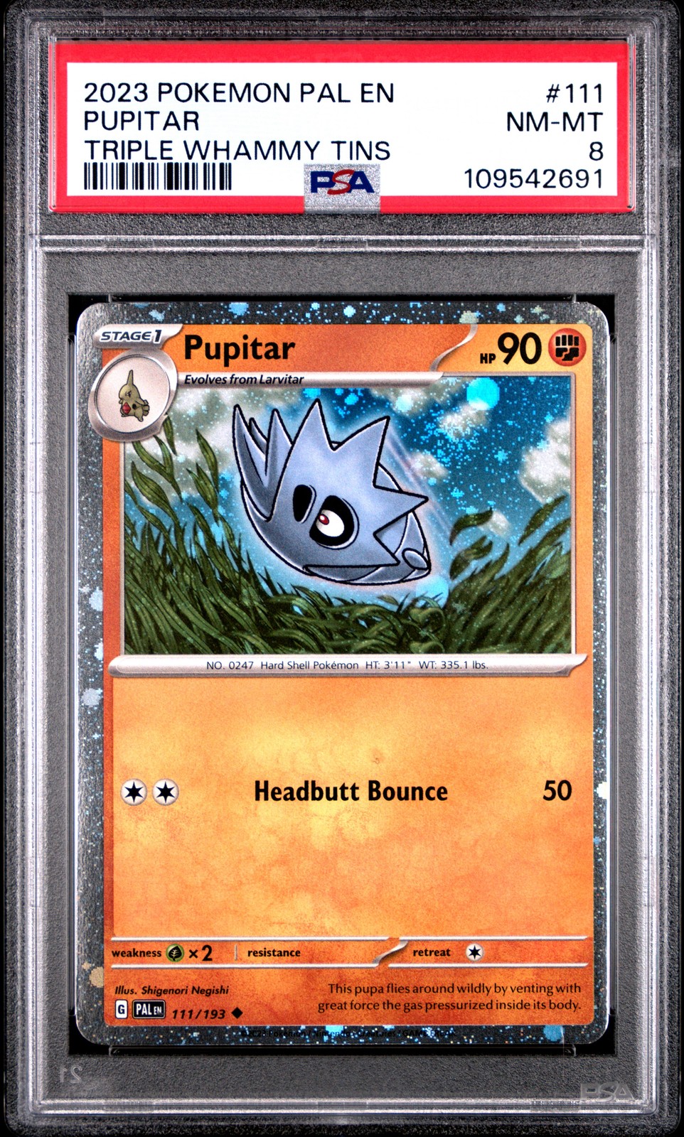 2023 POKEMON PAL EN-PALDEA EVOLVED TRIPLE WHAMMY TIN #111 PUPITAR PSA 8