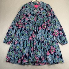 Lilly Pulitzer Women Navy Blue Pink Floral Tiered Babydoll Dress Size M 006042
