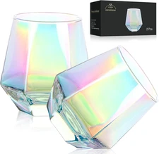 Wine Glasses Set of 2, Diamond Stemless Wine Glasses - Iridescent Glassware