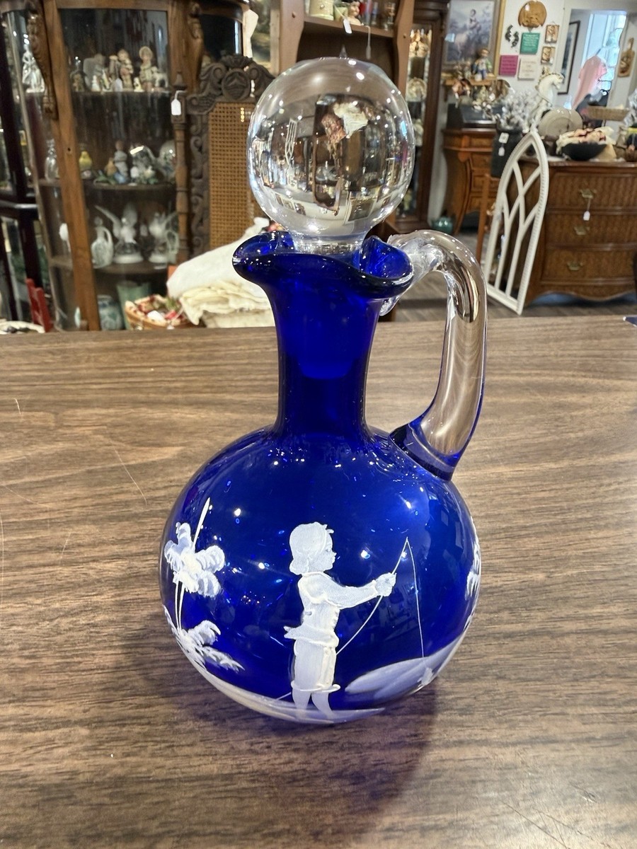 Cobalt Blue Etched Art Glass Cruet Mary Gregory Girl with Bird | eBay