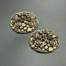 Vintage MUSI Pair Floral Goldtone Metal Shoe Clips Buckles Aurora Borealis Rose