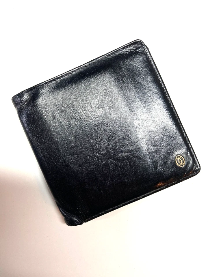 CARTIER VINTAGE PASHA GOLD CC EMBLEM LEATHER WALLET BIFOLD COIN FRANCE BLACK - Image 3 of 4