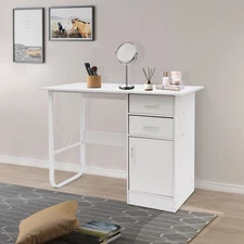 White Office Desk with Drawers, Computer Desk with Drawers, Writing Study Laptop