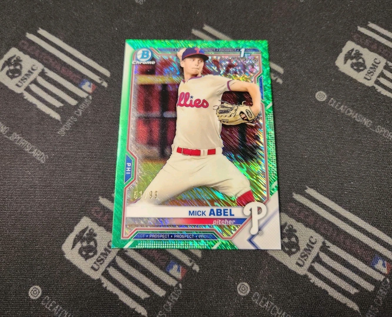 2021 Bowman Chrome Prospects Mick Abel GREEN SHIMMER REFRACTOR 1ST BOWMAN SP /99