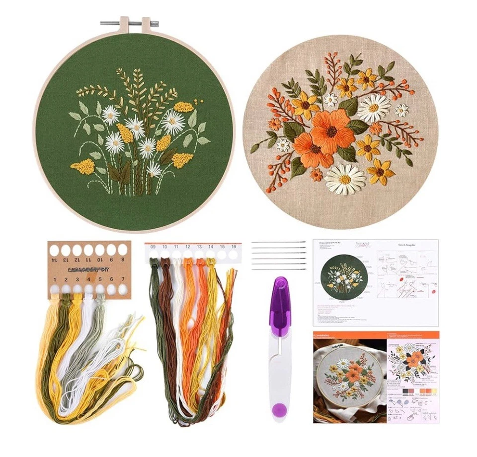 4 Sets Full Range Embroidery Starter Kit Clothes Hoops Scissors Cross Stitch Kit - Image 2 of 4