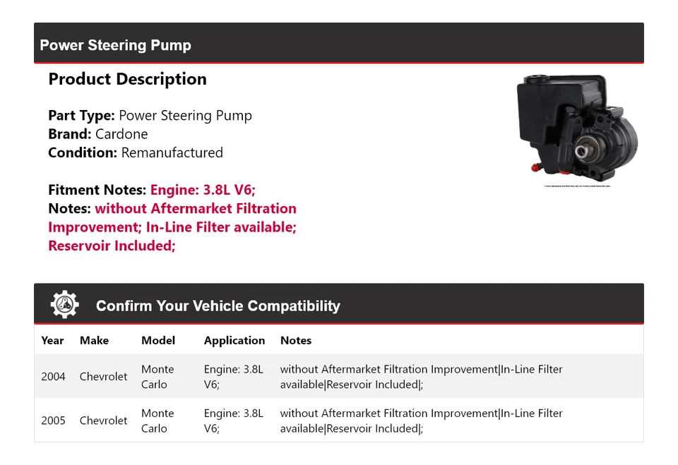 Bomba de dirección asistida Cardone para Chevrolet Monte Carlo 2004-2005 3,8 L V6 Foto 2 de 4