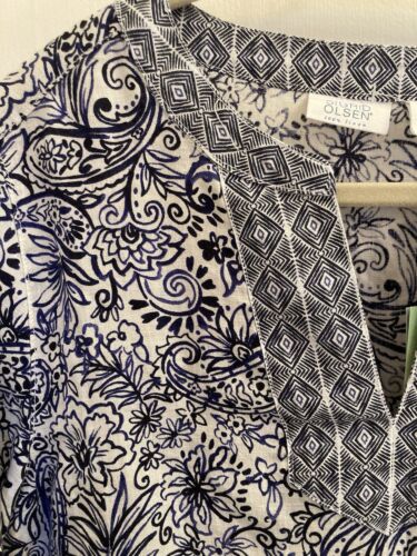 Sigrid Olsen Linen Shirt Blue Floral Batik Boho 3/4 Sleeve Tunic Medium NEW - Picture 2 of 8