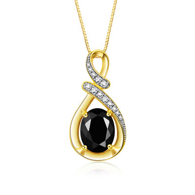 RYLOS ONYX & DIAMOND GEMSTONE PENDANT NECKLACE 18'' YELLOW GOLD PLATED SILVER