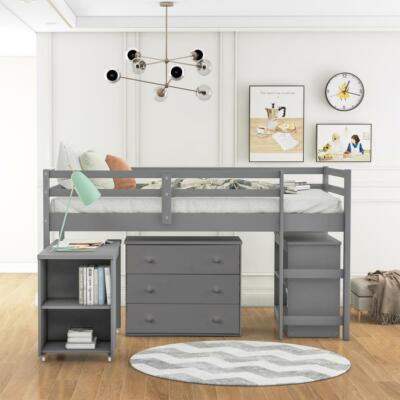 Low Study Twin Loft Bed with Cabinet and Rolling Portable Desk Gray