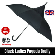 Ladies Classic Black Pagoda Umbrella Windproof UV Protection Auto Open Brolly