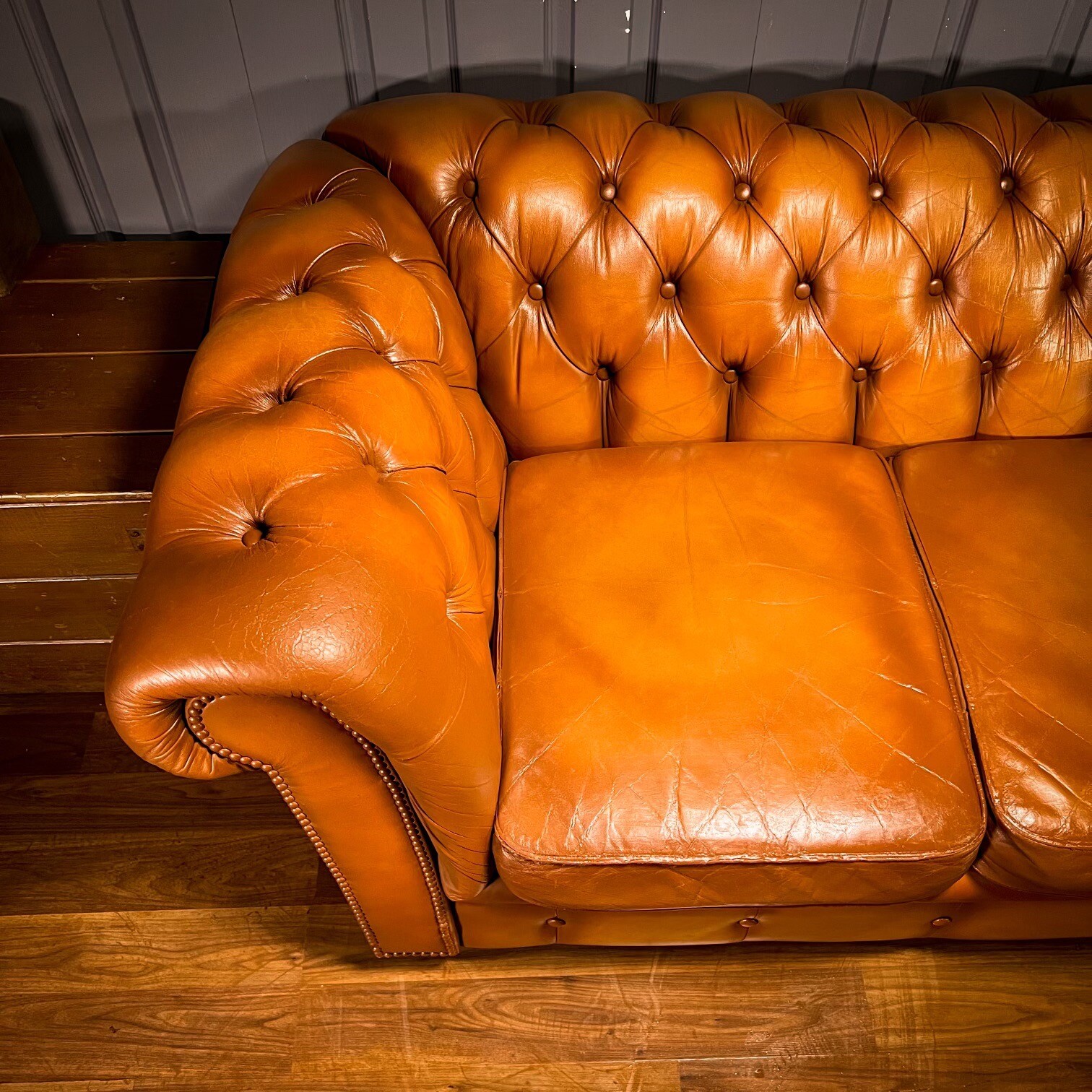 Leather 3 Seater Sofa Chesterfield Tan Vintage Brown 4 Gold Button Back